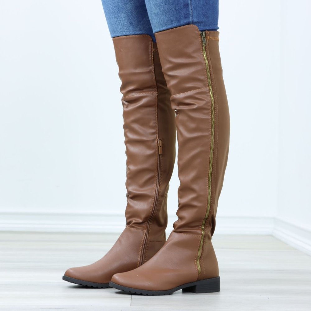 Tan Thigh High Over The Knee Faux Leather & Stretchy Material Low Heel Boot_13